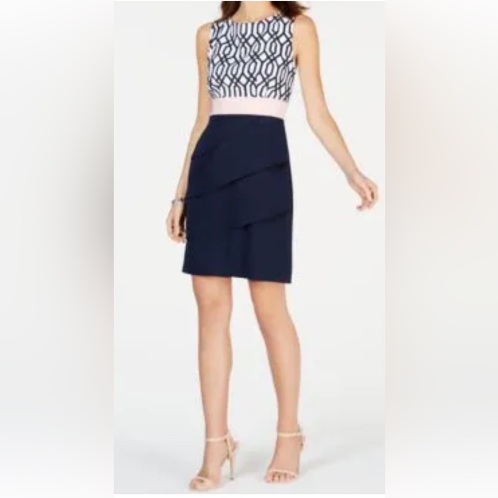 Connected apparel sheath dress blue pink midi size 10 EUC